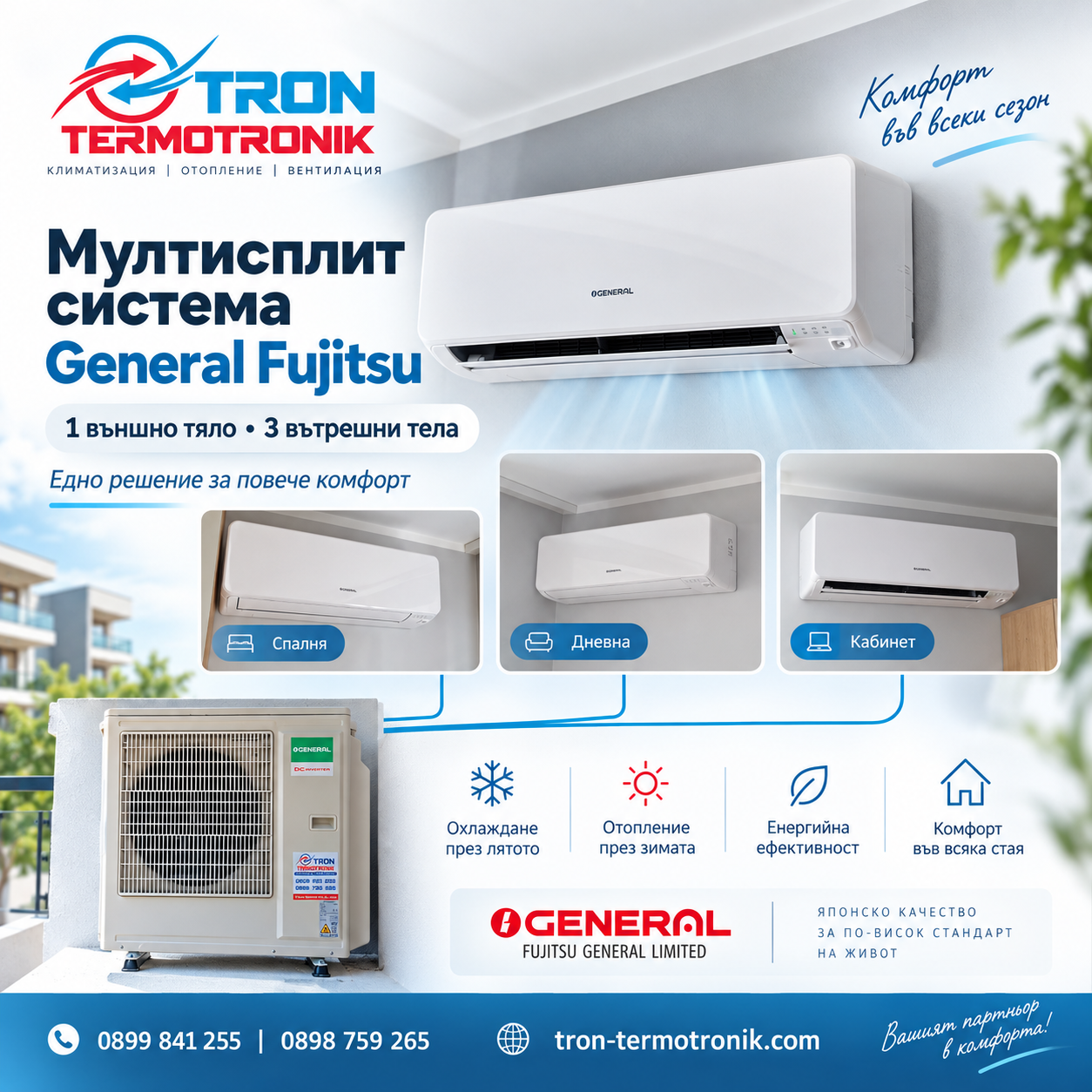 мултисплит система GENERAL FUJITSU с 1 външно и 3 вътрешни тела